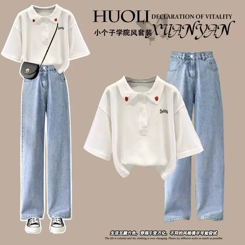 Summer Set Korean Loose Fitting College Style Pure Cotton Polo Neck T-shirt+casual Pants Two-piece Set Trend Y2k Clothes Women