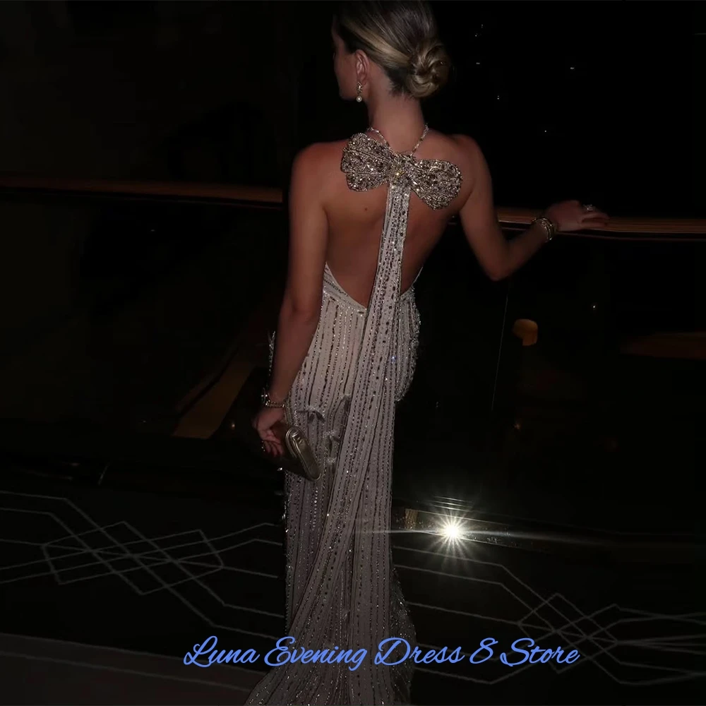Luxury Halter Tulle Evening Dress Exquisite Watteau Train Customized Party Dresses Delicate Bow Sequined Beading Cocktail Dress image 5