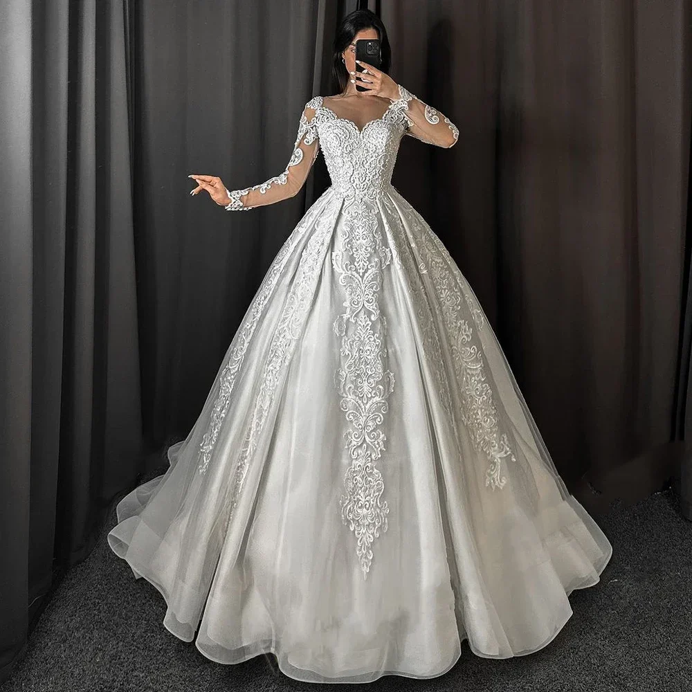 

Customized Classic V-neck Wedding Dresses for Women Long Sleeves Robe Lace Appliques Tulle Chapel Train Vestido De Casamento