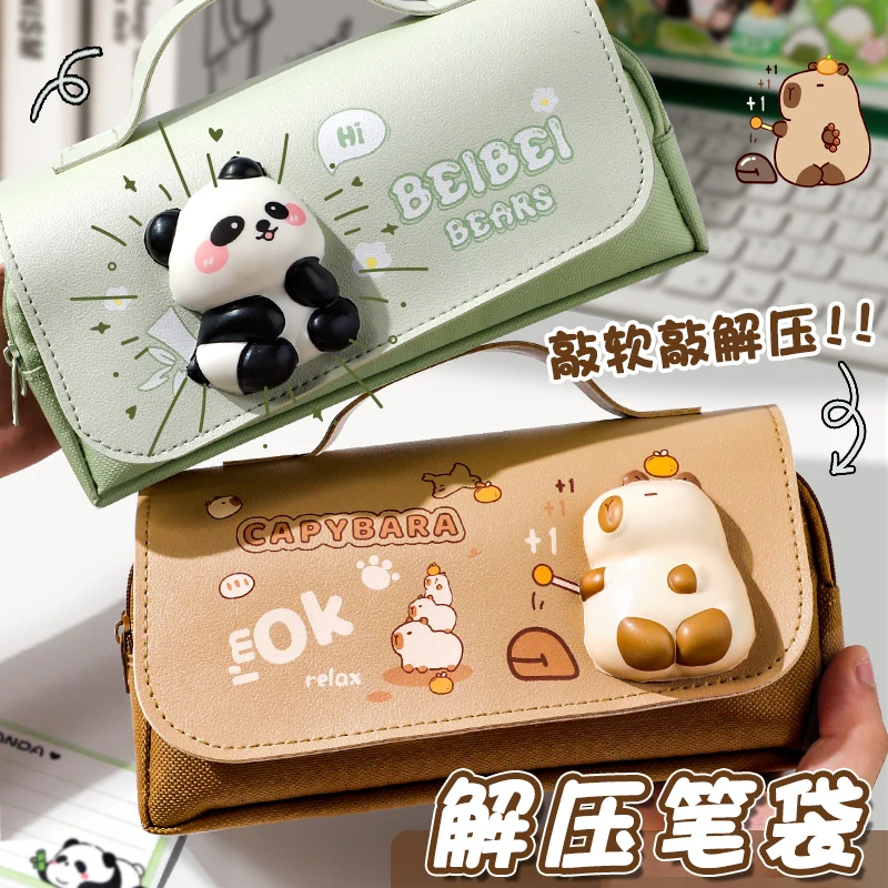 Green Panda Pencil Bag Large Capacity Stationery Pen Case Bear Dog Cat Handle Storage School Supplies Gift Box PU Ruler Holder A