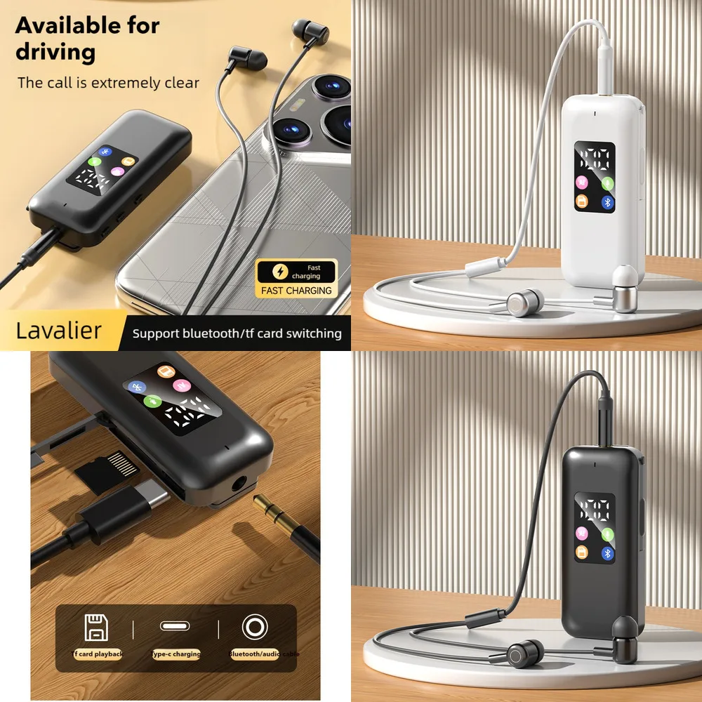

Lavalier Wireless Bluetooth Earphones Retractable Cord Noise Reduction with Microphone Earbuds for Business Driving Sports