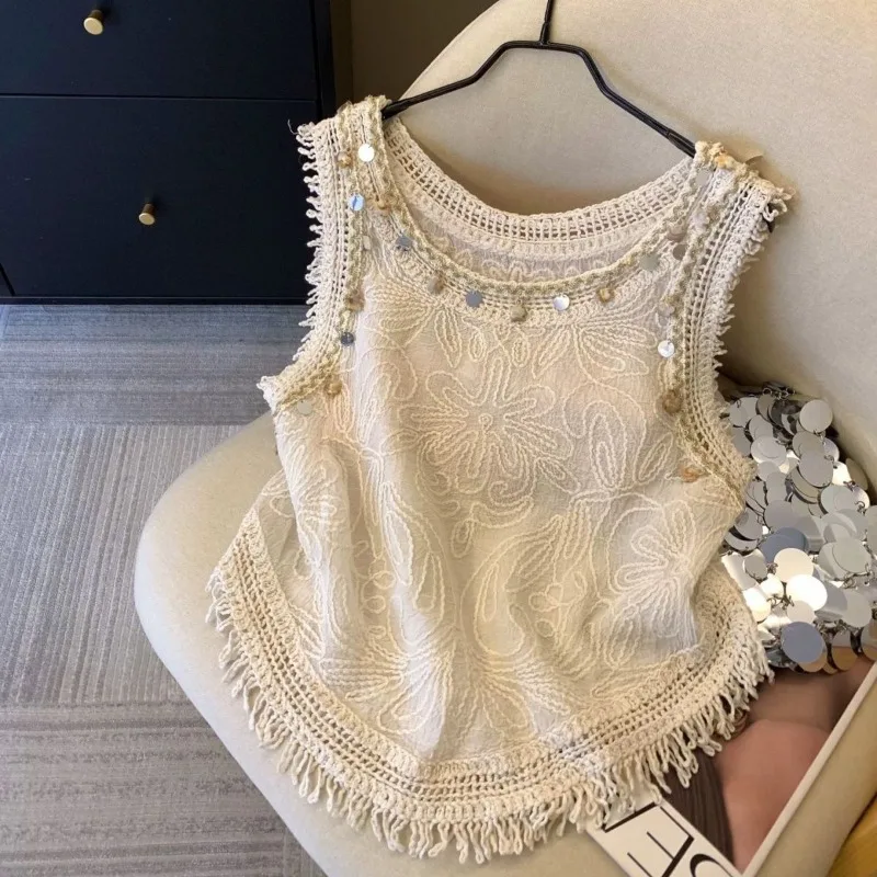 

Women's Summer Top Sleeveless Vest Jacquard Knit Fringe Blouse Long Sleeve Comfortable Casual Design Fashion Advanced Versatile