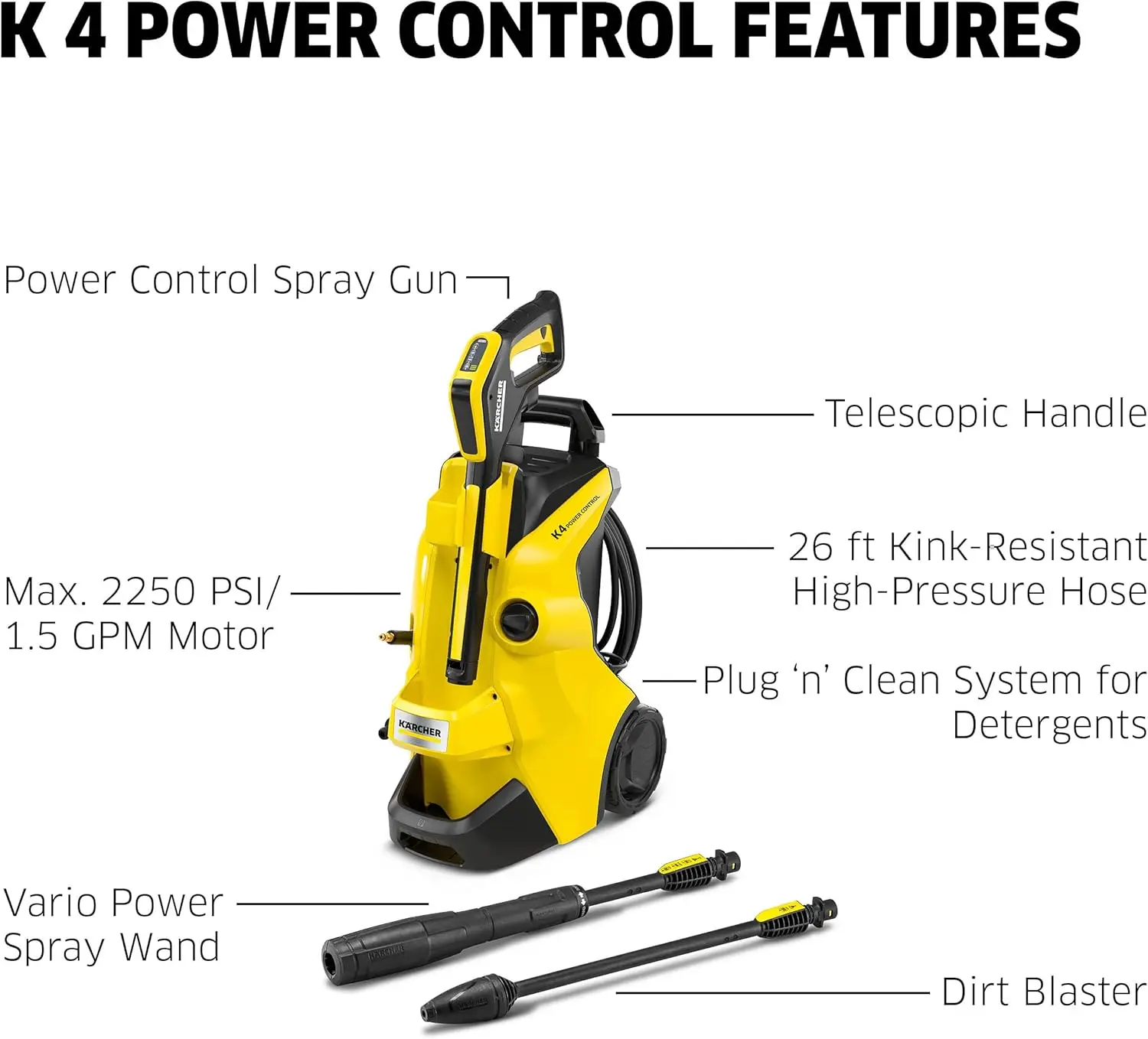 K 4 Power Control Max 1900 PSI Electric Pressure Washer with Vario & DirtBlaster Spray Wands - 1.5 GPM