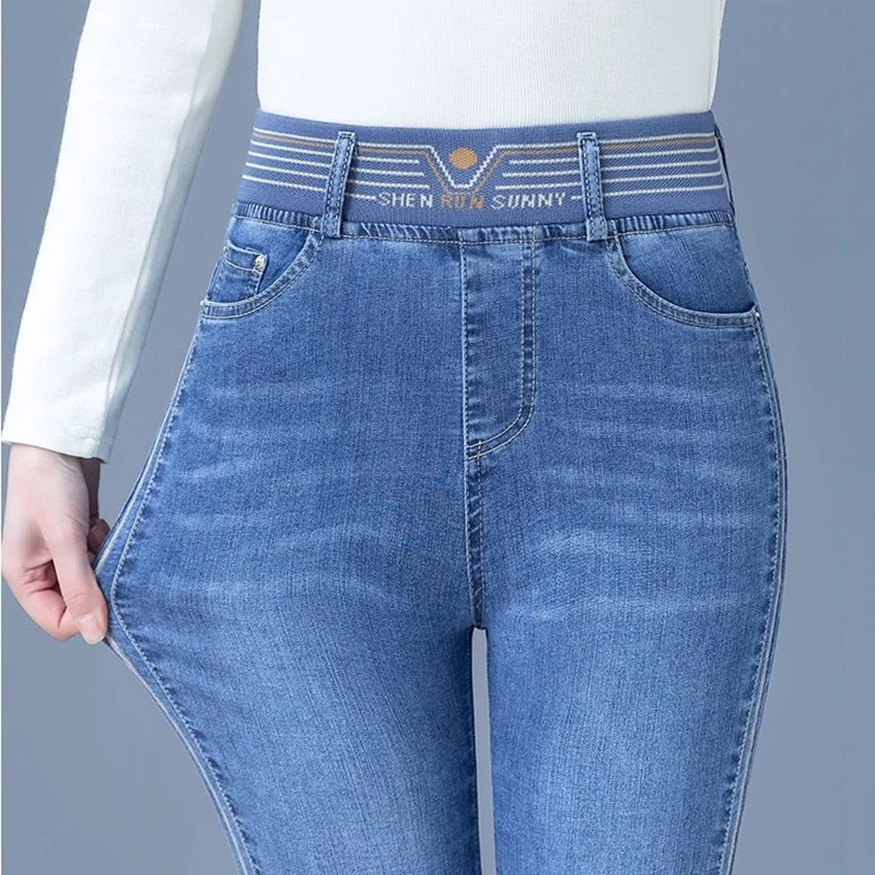 Jeans évasés taille haute coréens pour femmes, pantalons en denim minces brodés décontractés, pantalons de printemps et d'automne, robes droites commandées, nouveau