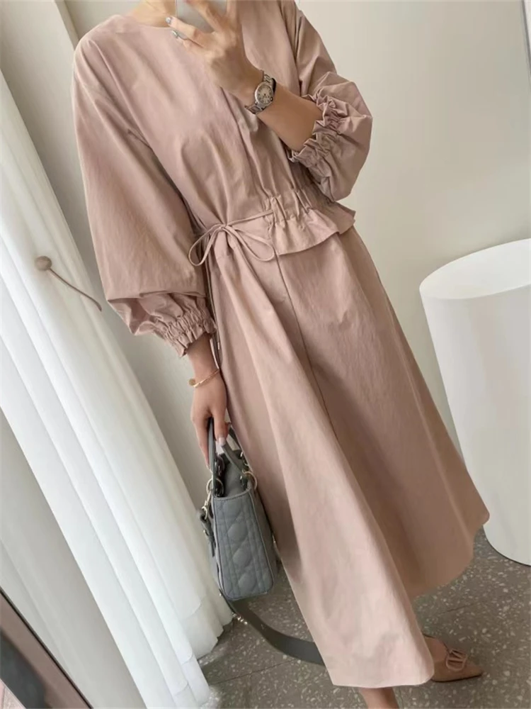 REALEFT 2024 New Lace Up Women\'s Shirts Dresses O-Neck Puff Sleeve Solid Casual Loose Straight Long Dresses Female Spring Autumn