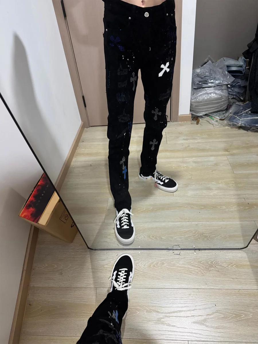 

American Cross Rhinestone Jeans Men Women Heavy Embroidery Leather Slim Fit Casual Versatile Straight Leg Pants
