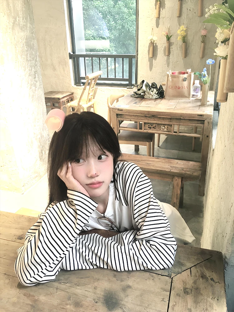 الرجعية الأمريكية مخطط طويل Sve تي شيرت المرأة فضفاضة عادية الخريف قاعدة طبقة علوية القطن النسيج النقي oulder الإدراج