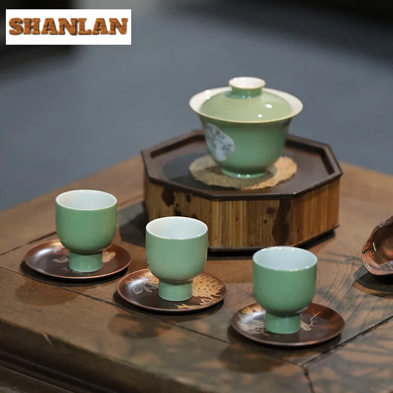 105ml Antique Hand-painted Pine Gaiwan Retro Green Open Window Tea Tureen Tea Brewing Cover Bowl Kung. Fu Tea Services Ornaments