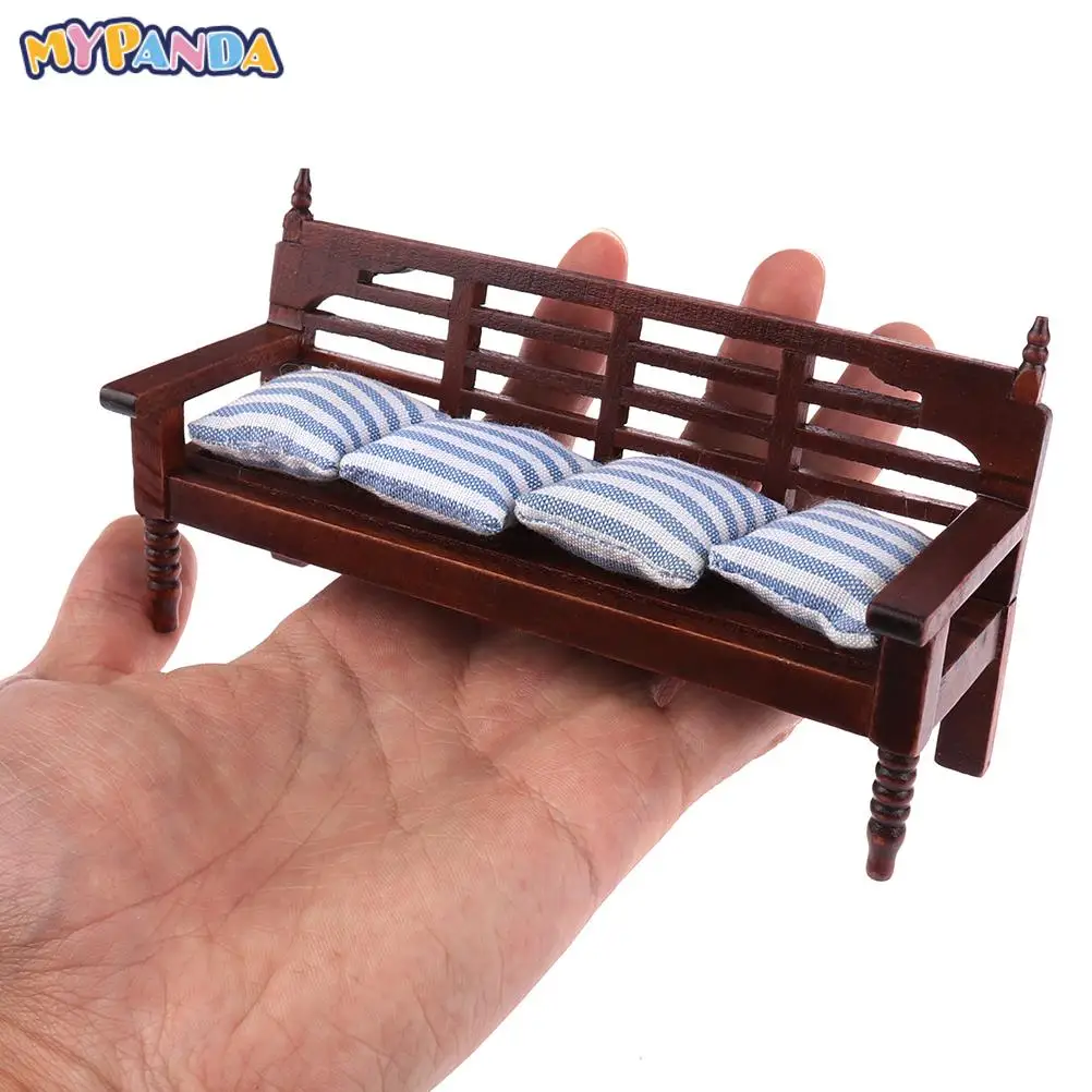 1:12 Miniature Furniture Doll House Wooden Sofa with 4 Pillows For Dolls Children Role Play Toy Dollhouse Miniature Furniture