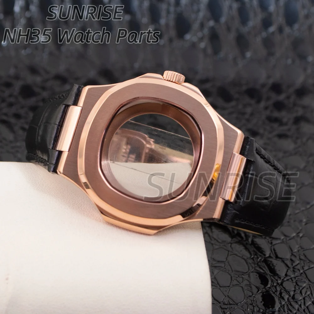 

41mm Square Watch Case Leather Strap for Nautilus NH35 NH36 NH38 movement 30.5mm Dial Rose Gold/Black/Silver Stainless Steel