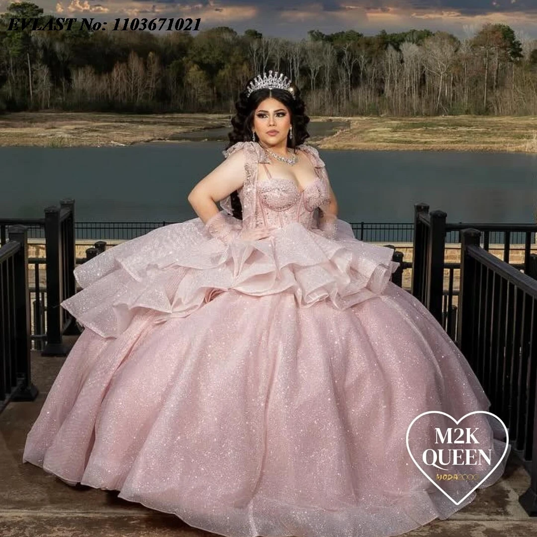 EVLAST-Robe de Quinceanera Rose Personnalisée avec des Appliques de Perles Brillantes, Douce 16, Éducative, du Mexique, SQ421