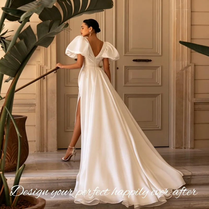 2026 Trendy Satin Wedding Dress Puff Sleeve V Neck High Split Court Train Open Back Vestidos De Novia Customized