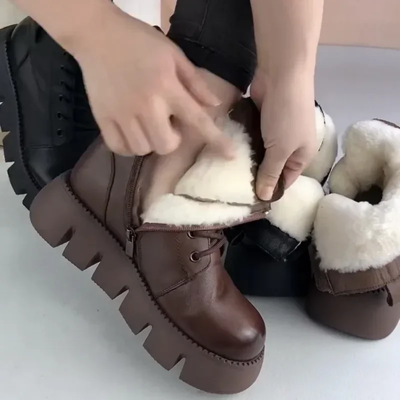 Damskie buty śniegowe 2024 zimowe nowe platformy bawełniane buty Retro czarne/brązowe okrągłe Toe sznurowane zamek błyskawiczny nowoczesne buty motocyklowe — zdjęcie 4