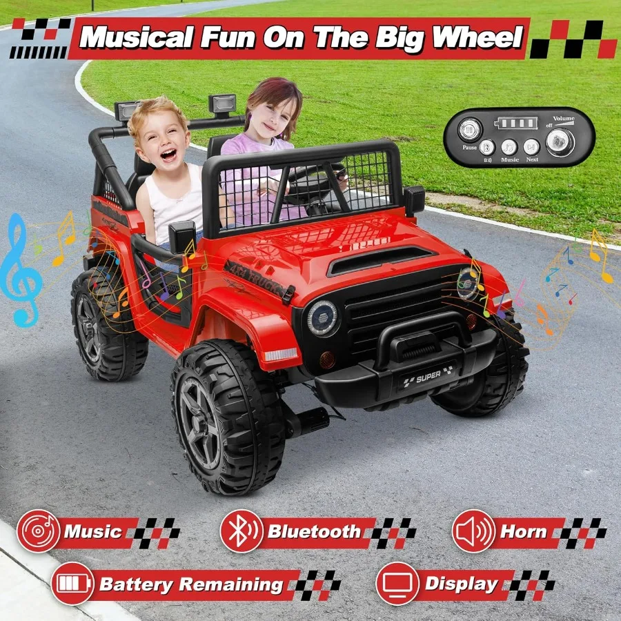 Coche de paseo XL de 24 V con control remoto, coche eléctrico conmutable de 2 plazas 4WD/2WD para niños con asiento de 20 pulgadas de ancho, flor de regalo, 4X20