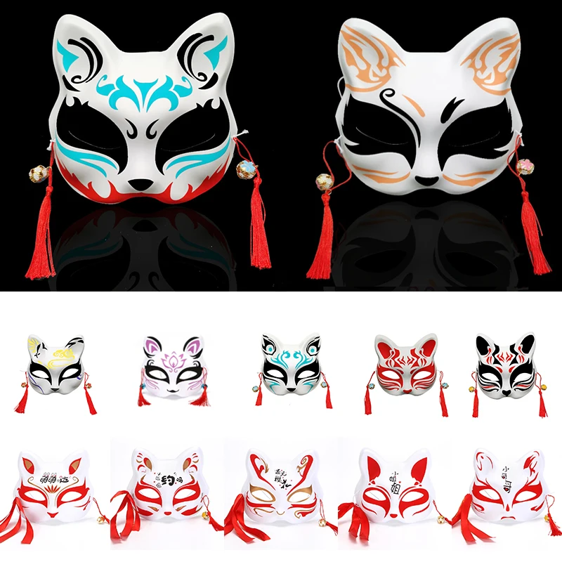 Anime Fox Mask Cosplay Costume Party Prop Hand-Painted Japanese Half Face Cat Mask Masquerade Festival Ball Kabuki Kitsune Masks