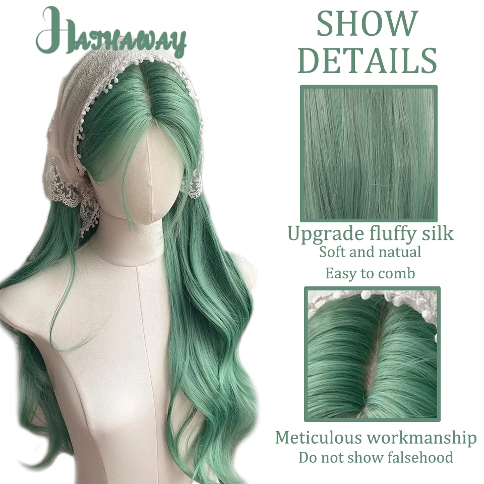باروكات صناعية مموجة باللون الأخضر الطويل مع غرة للنساء، باروكات مموجة للجسم، للاستخدام اليومي الطبيعي، مقاومة للحرارة #2