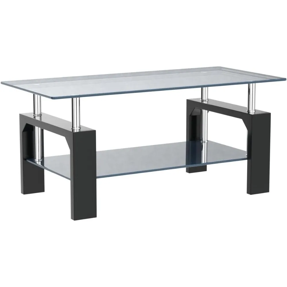 Living Room Rectangle Coffee Table, Tea Table Suitable for Waiting Room, Modern Side Coffee Table with Wooden Leg, Glass Tablet