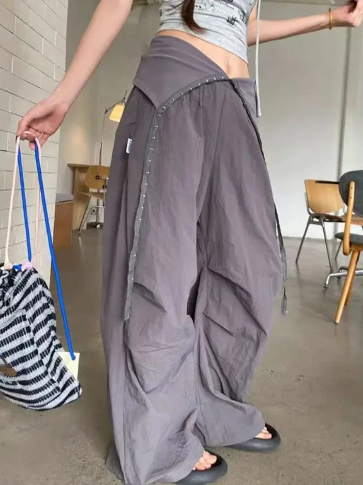 HOUZHOU Vintage Letter Women Cargo Pants Wide Leg Hip Hop American Style Parachute Pants Loose Grunge Trousers Streetwear Casual