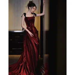 Wine red toasting dress light luxury host art exam halter back banquet