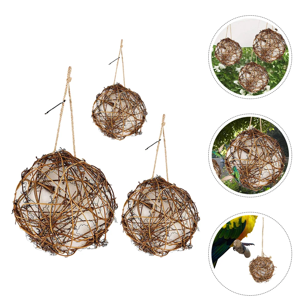 3 Pcs Parrot Long Tail Hummingbird Nest Builder Parakeet Toys Wooden Cotton Handmade Birdhouse Materials