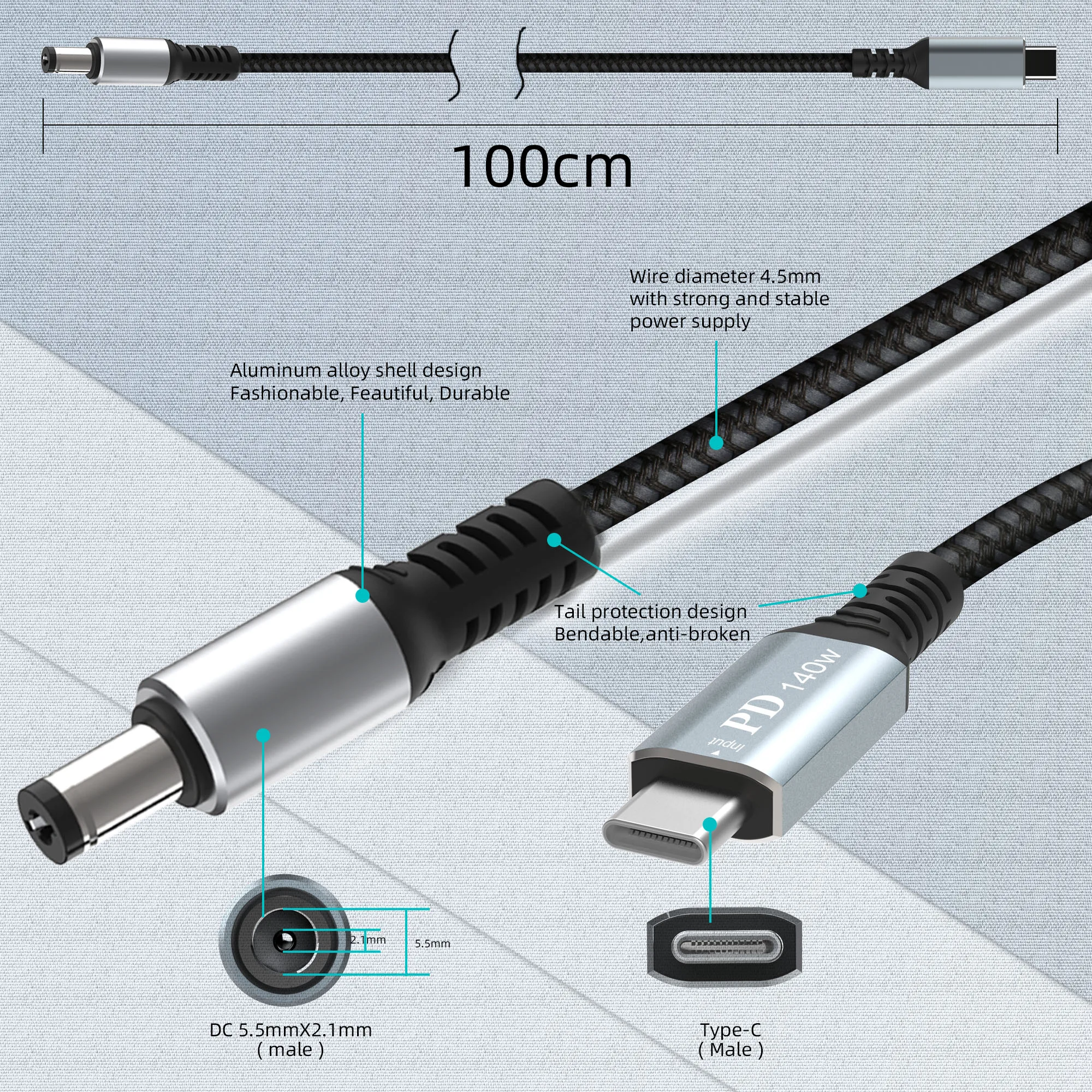 USB C to DC 5.5 mm x 2.1 mm power cord for laptops (5521), aluminum alloy USB Type C male input DC 5.5 x 2.1 mm male power cord