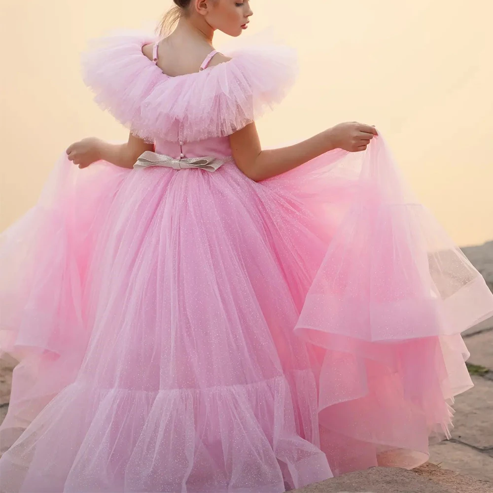 Customized Flower Girl Dresses Short Sleeve Ruffles Tulle A-line Pink Children's Dress Belt Bow Vintage vestidos de primera comu