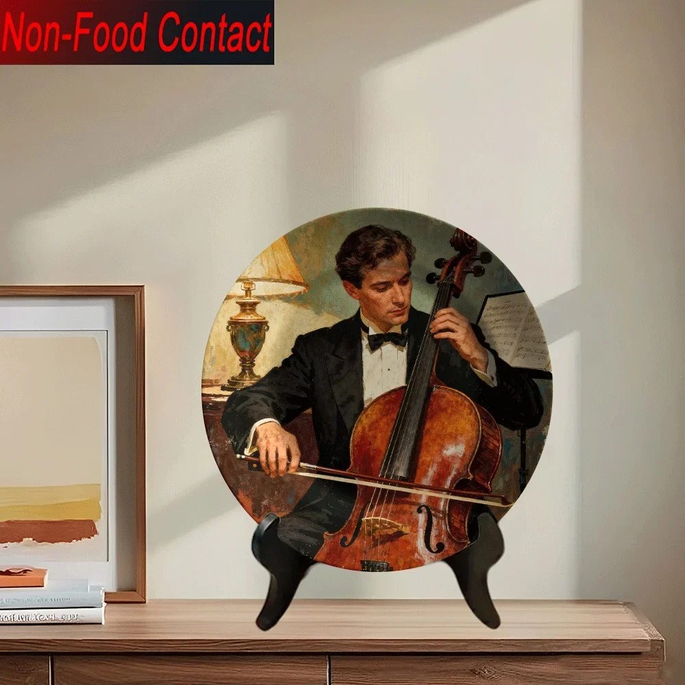 1pc Ceramic Cello Player Figurine - Hand-Painted-Look Classical Music Decor, Cello-Themed Round Ornament for Home, Tabletop,
