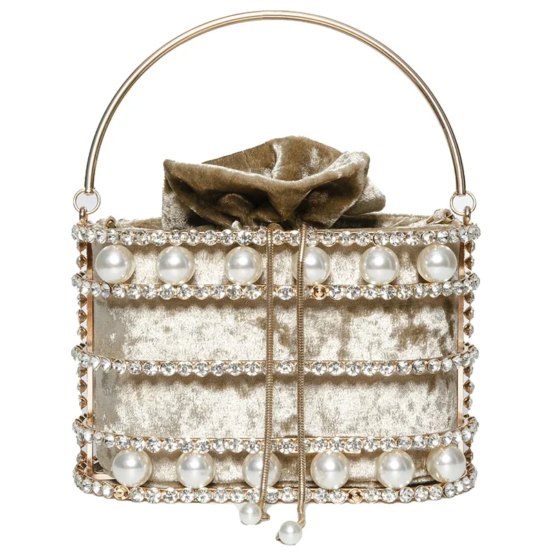 

Pearl Bucket Bag Evening Clutch Bags Women Hollow Out Preal Beaded Metallic Cage Handbags Ladies Wedding Party Purse