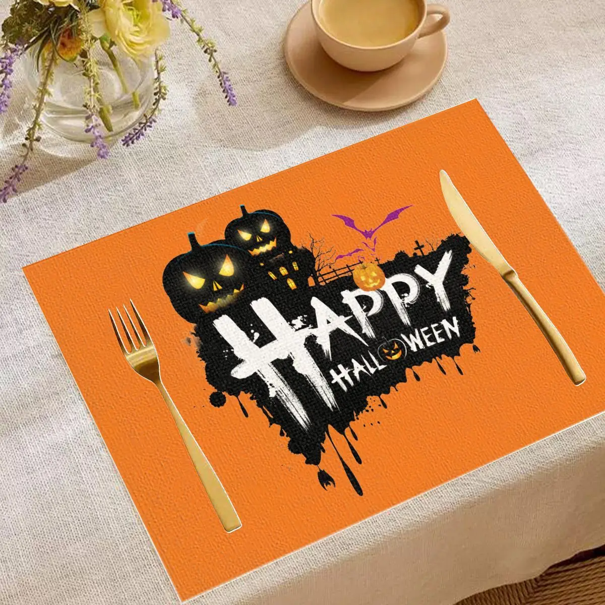 VIKAMA Happy Halloween Pumpkin Haunted House Placemat Linen Bat Table Mat Heat Resistant Pad Autumn Holiday Dining Decor
