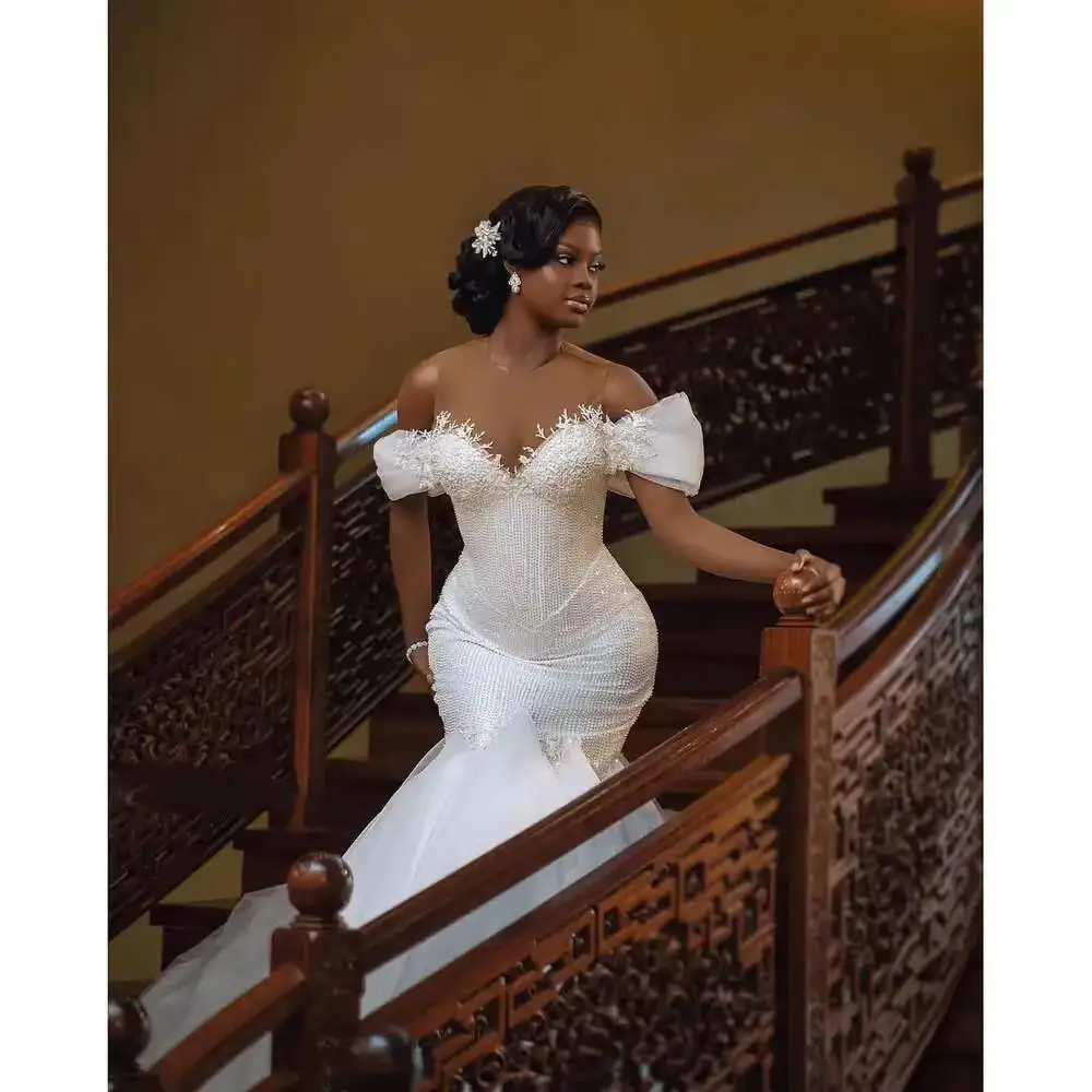 Vestido De novia personalizado con cuentas y hombros descubiertos, batas De novia con espalda De corsé, vestido De novia De sirena De talla grande