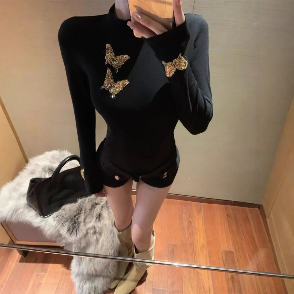 

Women's Butterfly Embroidered Long-Sleeved T-shirt Mock-High Collar Warm Inner Base Shirt Winter Sanding Fleece-Lined Tight Top