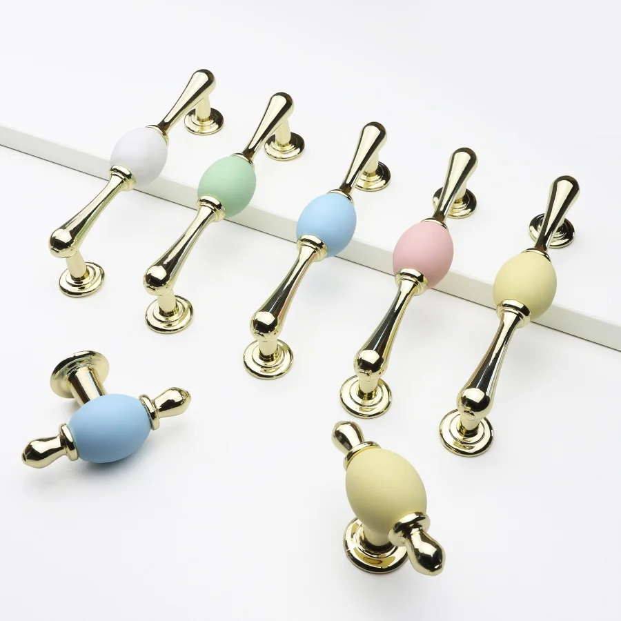 Fashion Colourful Ceramic Cabinet Handles Golden Kitchen Cupboard Door Handles Drawer Knobs European White Furniture Pulls