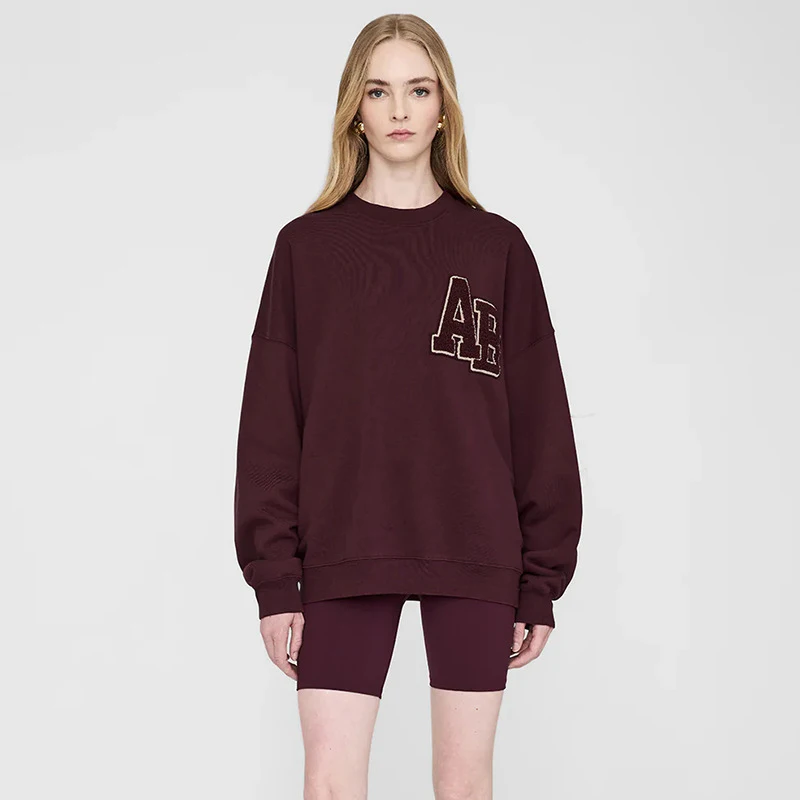 24 winter new North American niche AB hand cranked special embroidery fleece wine red loose women's round neck sweatshirt