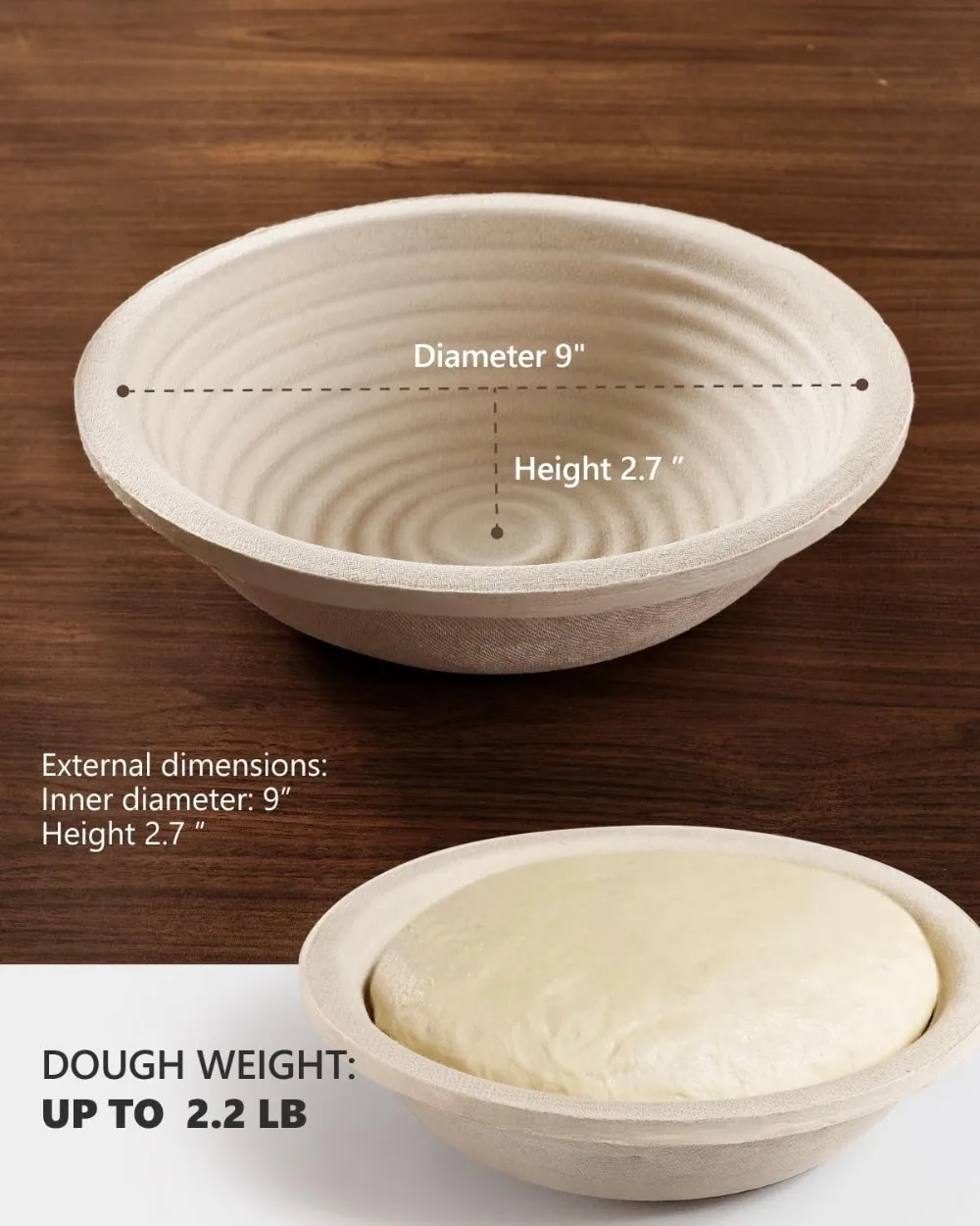 9" Round Sourdough Banneton Set of 2, Natural Wood Pulp, Non-Stick Dough Proofing Baskets - view 6