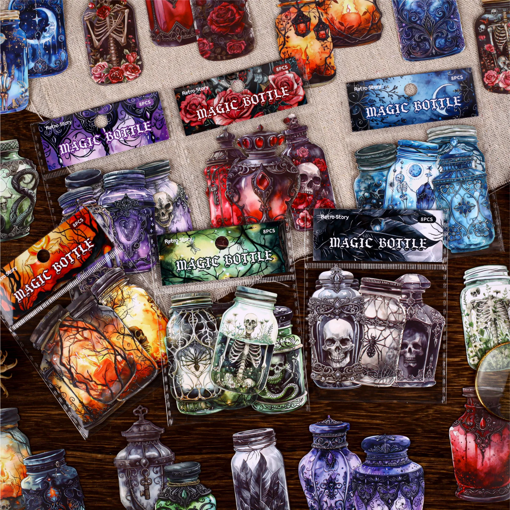 8 Sheets Magic Bottle Theme Stickers for DIY Scrapbooking Guitar Phone Case Notebook Decoration Craft Art Supplies