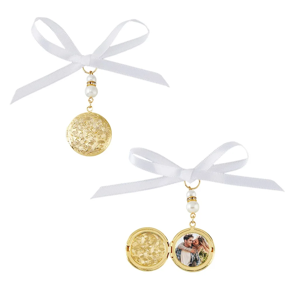 

Brass Locket Pendants with Plastic Beads and Satin Ribbon Flat Round Golden 65mm 2pcs/set