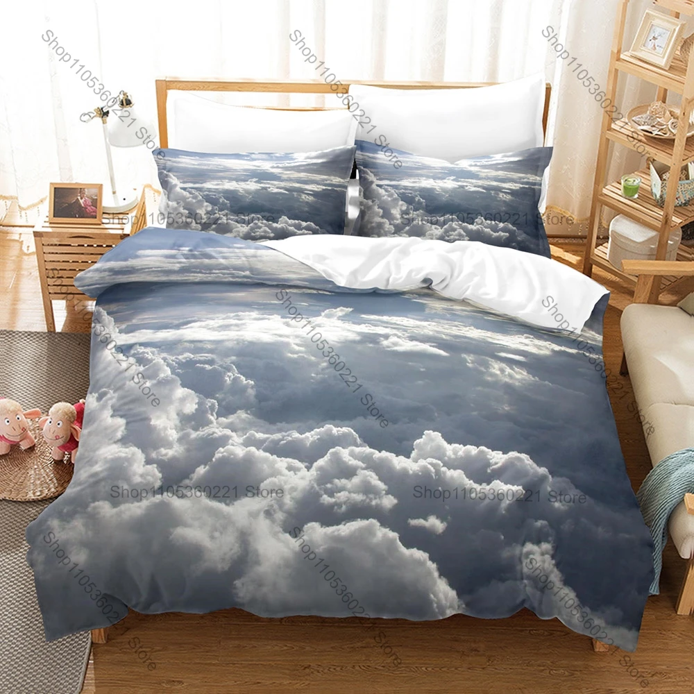 Nature Sky Themed Duvet Cover + 2 Pillowcases Beautiful Blue Sky Cloud Pattern Bedding Set Bedroom Decoration Comfortable