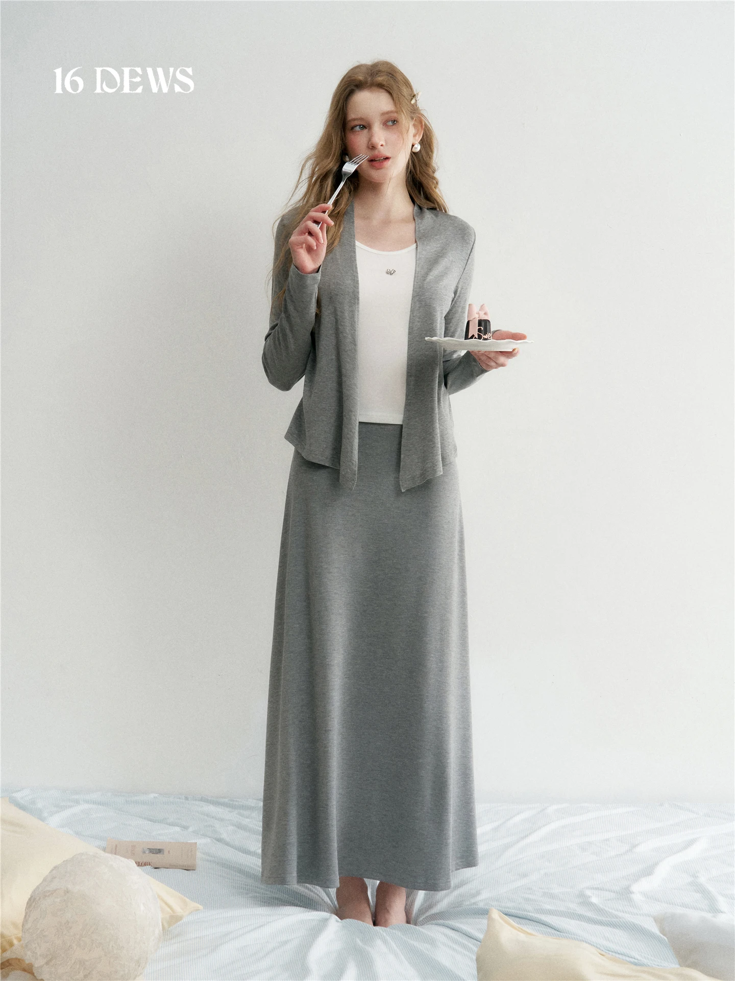 

16DEWS Leisure Time Knitted round Neck Open Cardigan High Waist A-Line Skirt Set Women's Fashion Spring Season Four Seasons