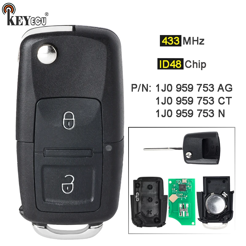 KEYECU 434MHz ID48 Chip 1J0 959 753 AG/ CT / N 2 Button Remote Key Fob for Volkswagen Golf Bora Polo Passat Seat Leon 1999-10