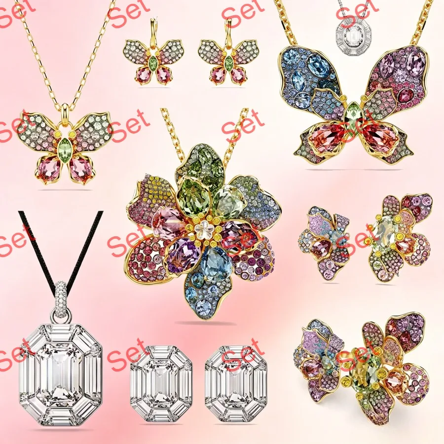2026 New Trendy Octagonal Crystal Geometric Necklace Earrings Ring Set for Women Exquisite Floral and Butterfly Jewelry Set