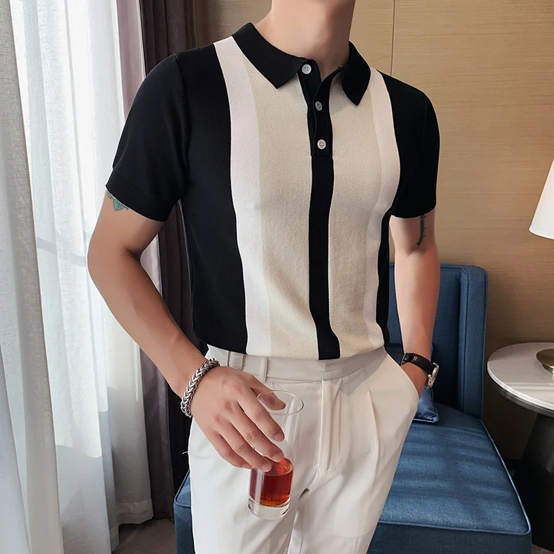 

Knitted Polo Shirt Men 2024 Summer Short Sleeve Shirts Stripe Splicing Business Casual Clothing Slim Office Social Top
