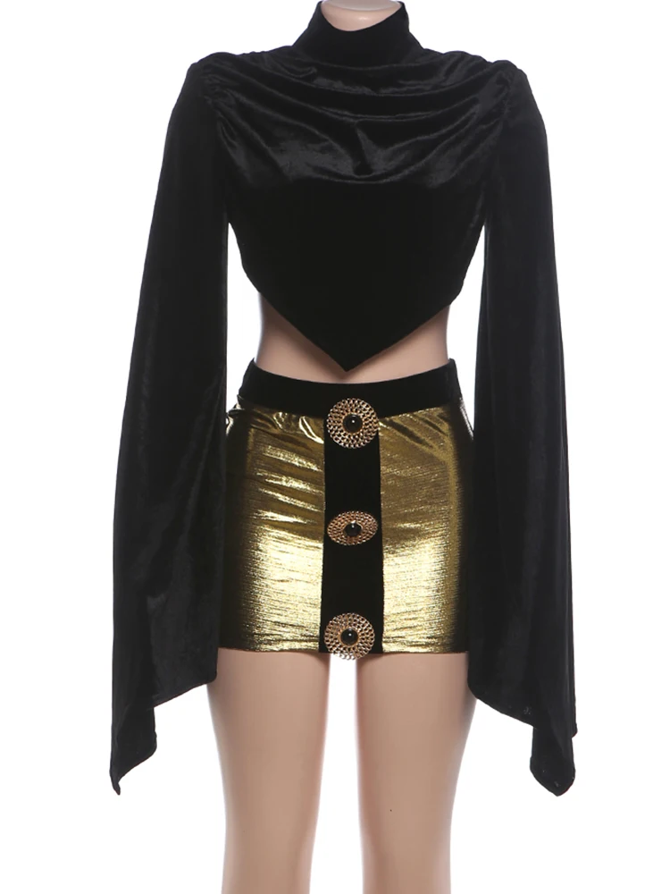 Weird Puss Fashion 2-teiliges Set Damen Trend Rollkragenpullover mit Glockenärmeln und unregelmäßigem Saum aus Cord + Rock mit Metallschnalle Sexy Streetwear – Detail 3