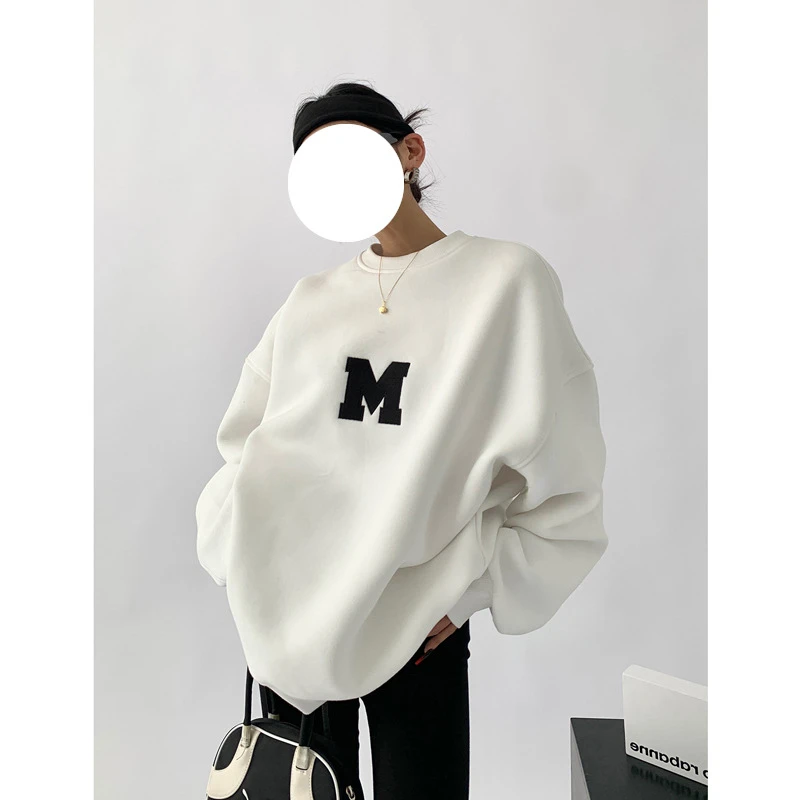 ZOUXO Fleece Sweatshirt Women 2023 Spring Autumn O-neck Pullovers New Fashion Loose Letter M Kpop Clothes