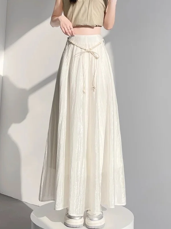 

Белая плиссированная юбка А-силуэта женская летняя 2026 года, новая, с поясом, с завышенной талией, стройнящая, драпированная, длинная, элегантный стиль