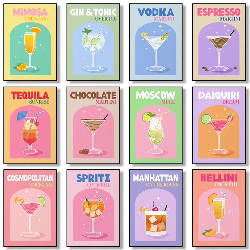Pintura en lienzo para decoración de pared del hogar, impresiones de carteles de cóctel, jugo de fruta, Negroni, Martini, Whiskey, Aperol, Spritz, bebida de Sangria, Club, Bar