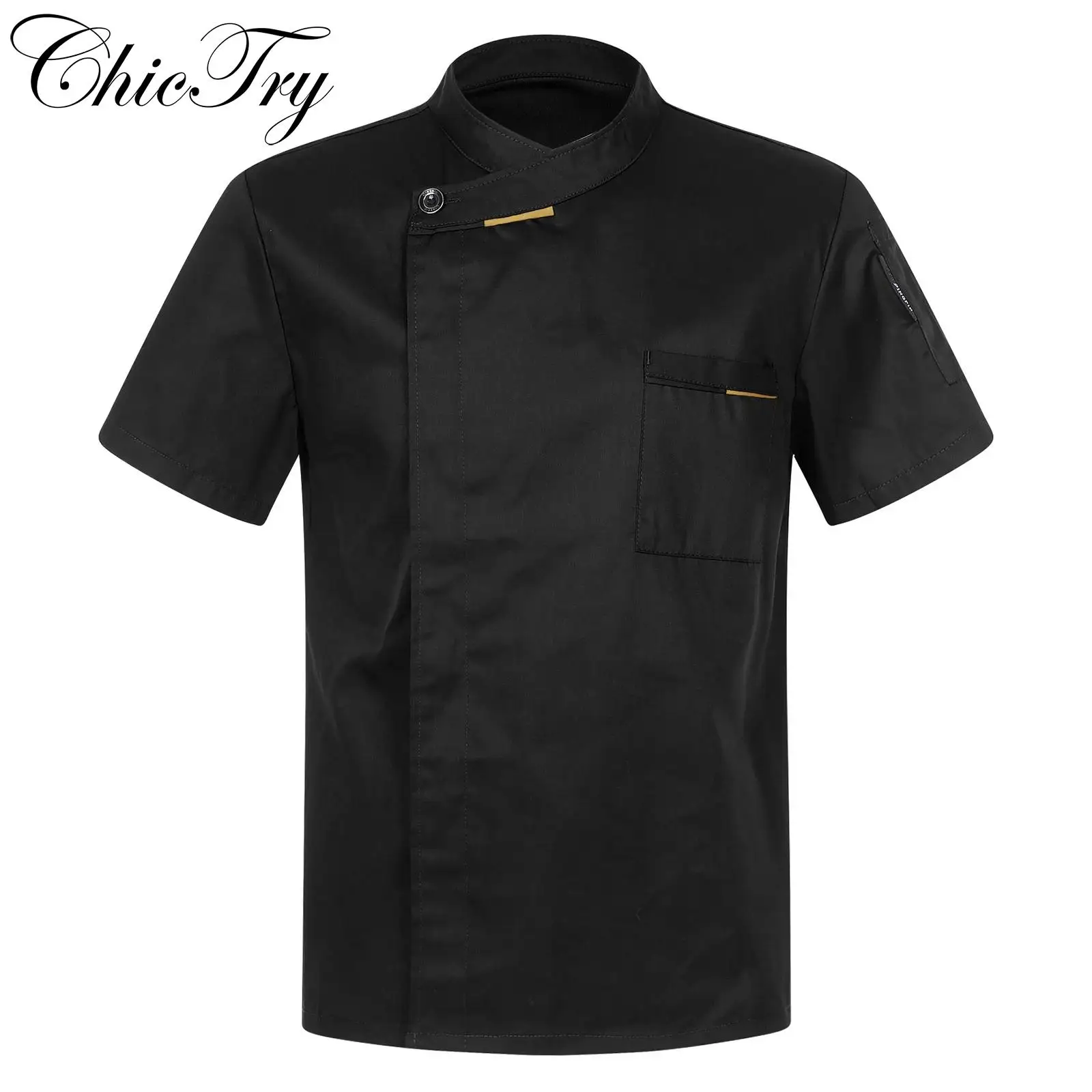 Damen Herren Koch Hemd Jacke Cross-Over Kragen Mantel Küche Restaurant Hotel Kochen Arbeit Uniform Kantine Tops mit Taschen