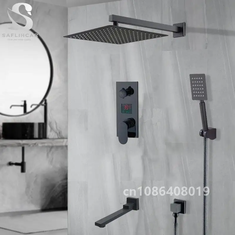 

Matte Black Shower Faucet Set Rainfall Shower Head with Bathtub Spout and LED Temperature Digital Cold Hot Mixer Shower System