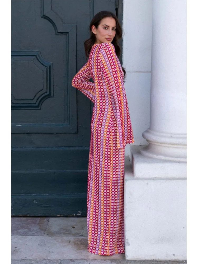 خريف جديد الكروشيه الملونة شريط فستان ماكسي المرأة موضة العميق الخامس الرقبة عالية سبليت مثير فساتين طويلة الشاطئ مأدبة Vestidos