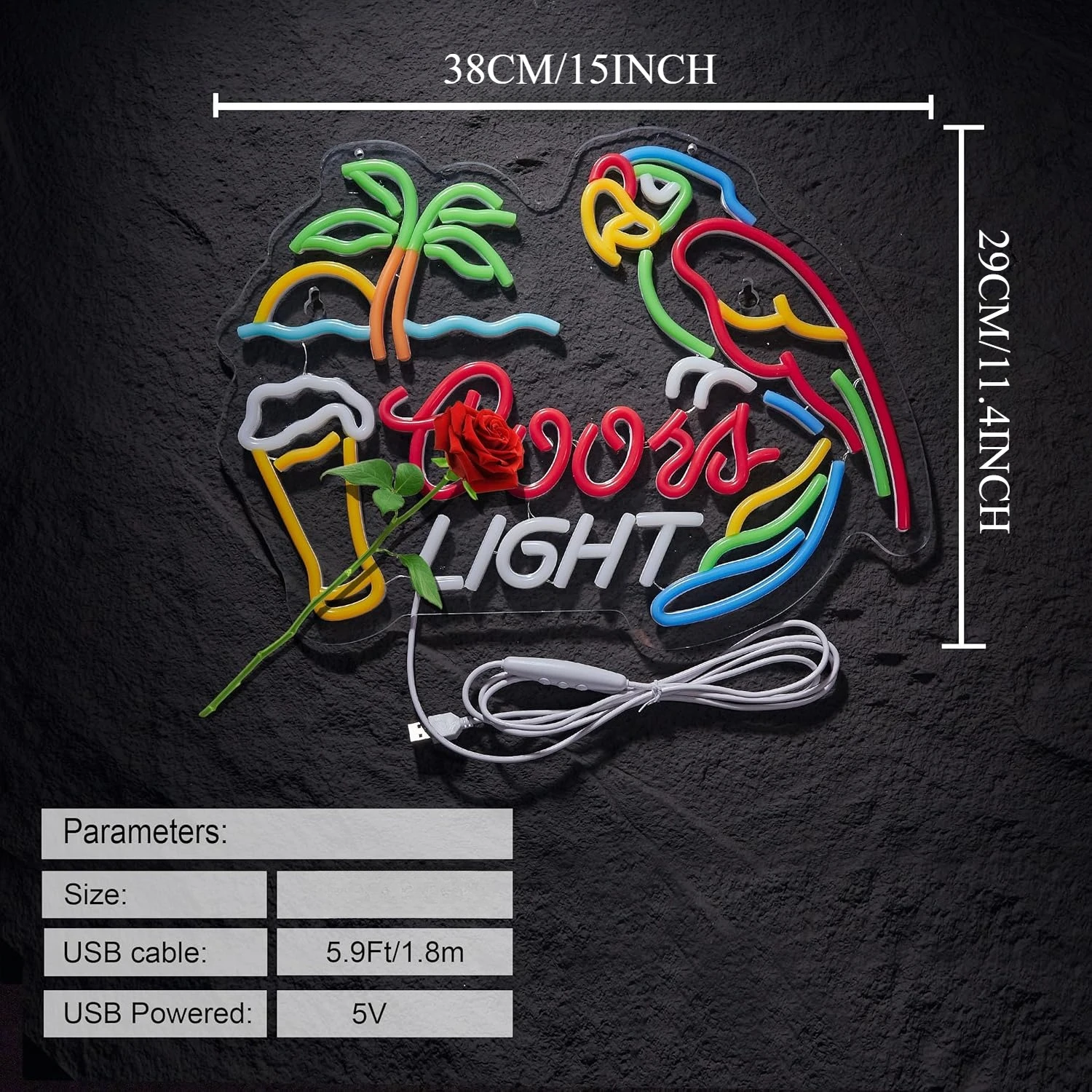 LED neonvägglampa papegoja – USB - close-up view