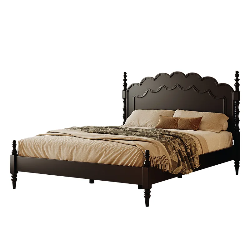 

American homestay solid wood bed French retro master bedroom double black carved simple master bed